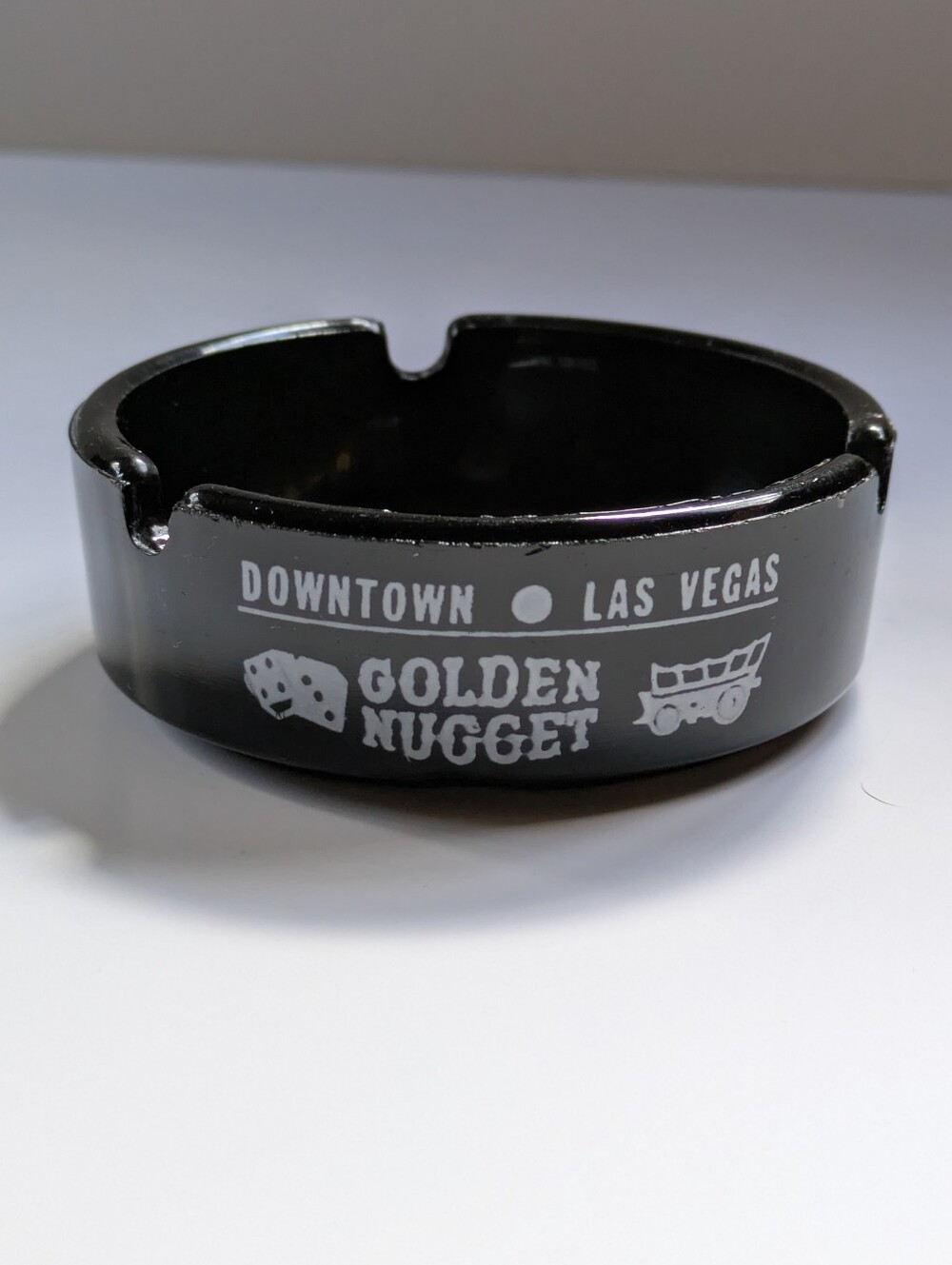 Las Vegas Golden Nugget Black Glass Ashtray White Logo Promotional Advertising